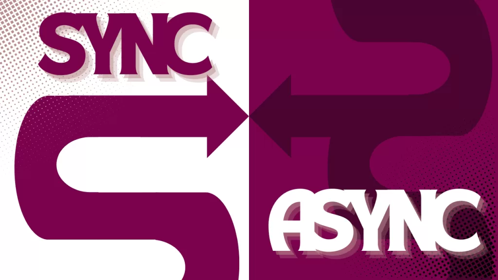 Split-screen graphic contrasting "SYNC" and "ASYNC" execution paths, with bold typography and arrow visuals representing the direction of data flow.