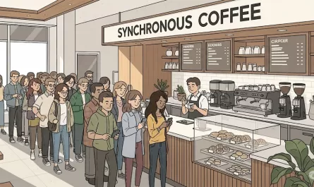 image of people waiting in a big line in a coffee shop called "Synchronous Coffee"