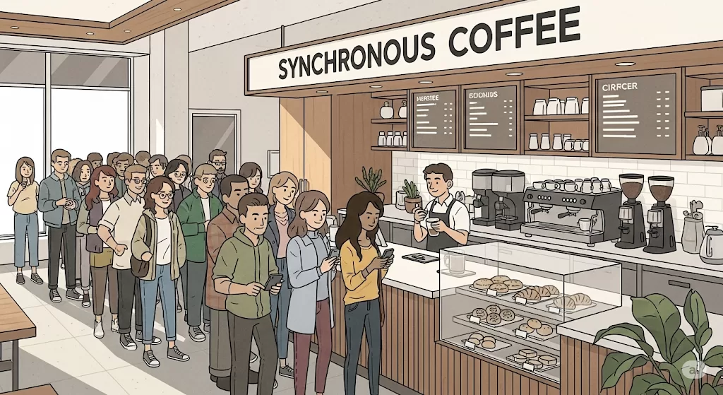 image of people waiting in a big line in a coffee shop called "Synchronous Coffee"