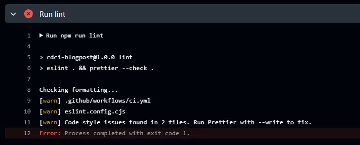 Example of a failed lint workflow run