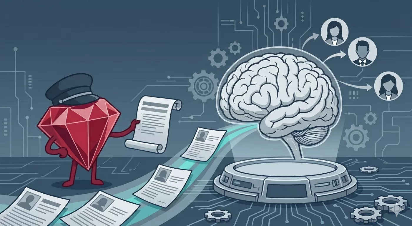 A Ruby agent checking resumes incoming from a brain, which is an LLM agent for talent matching