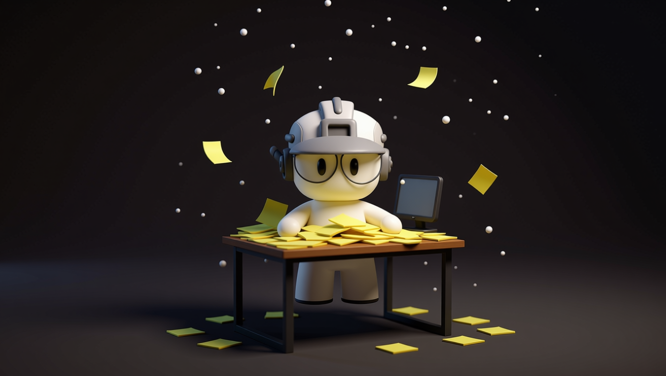An agent with a pile of support tickets represented by yellow sticky notes