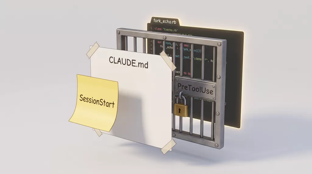 3D illustration of a metal jail cell blocking a document labeled 'CLAUDE.md' with a sticky note reading 'SessionStart' taped to the front; a code panel labeled 'PreToolUse' sits behind the bars.