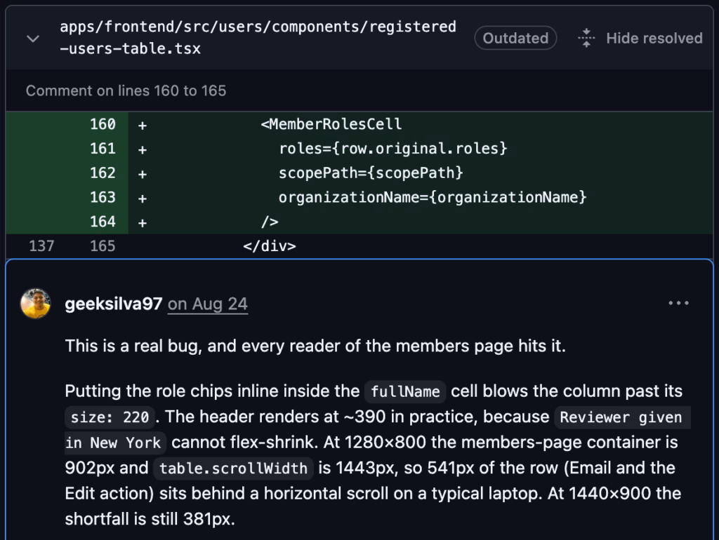 Inline GitHub review comment anchored to lines 160 to 165 of registered-users-table.tsx. It says this is a real bug: putting the role chips inline inside the fullName cell blows the column past its size; at 1280x800 the members-page container is 902px and table.scrollWidth is 1443px, so 541px of the row, including Email and the Edit action, sits behind a horizontal scroll; at 1440x900 the shortfall is still 381px.