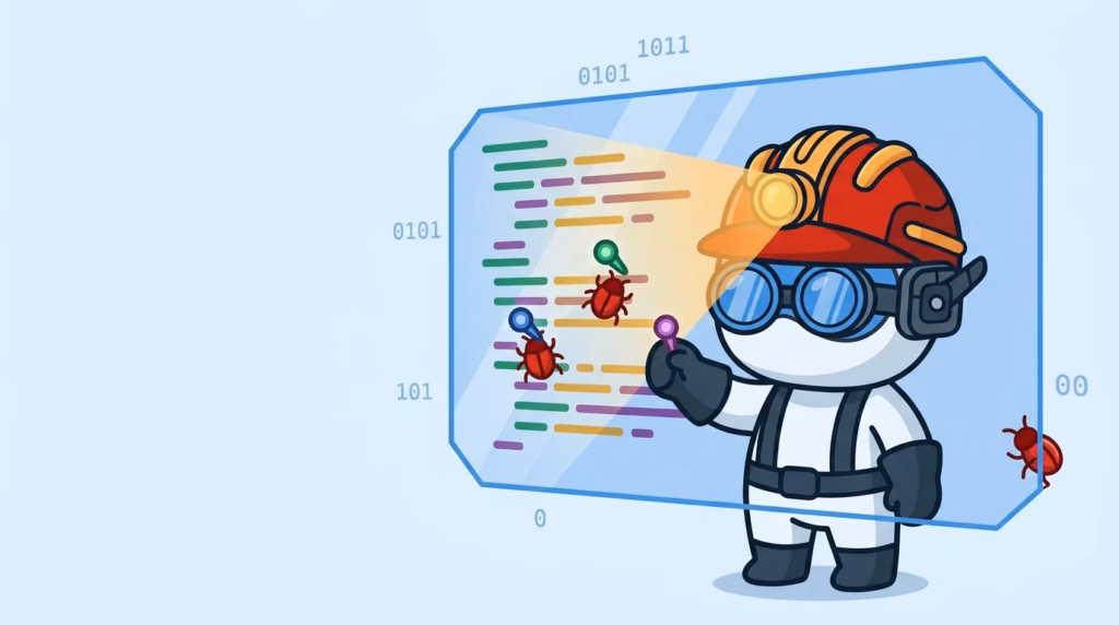 A cartoon miner shines a headlamp on a code panel, pinning bugs in the light while one bug escapes in the shadow