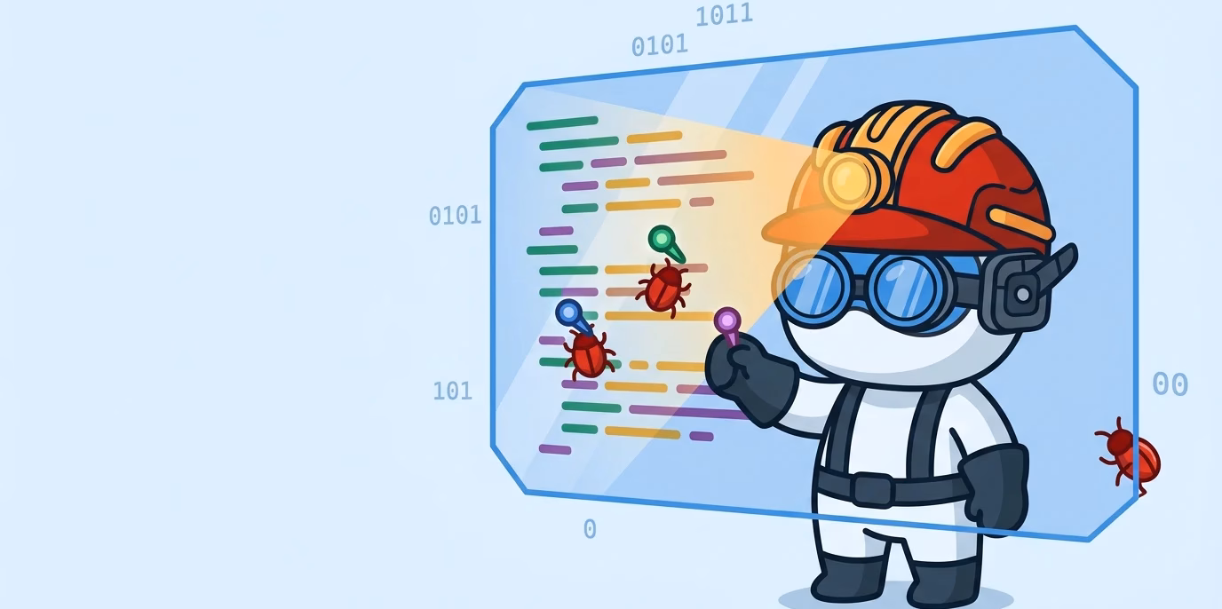 A cartoon miner shines a headlamp on a code panel, pinning bugs in the light while one bug escapes in the shadow