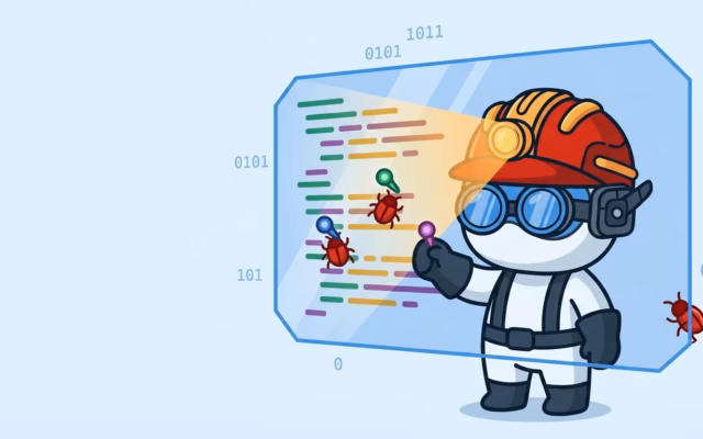 A cartoon miner shines a headlamp on a code panel, pinning bugs in the light while one bug escapes in the shadow