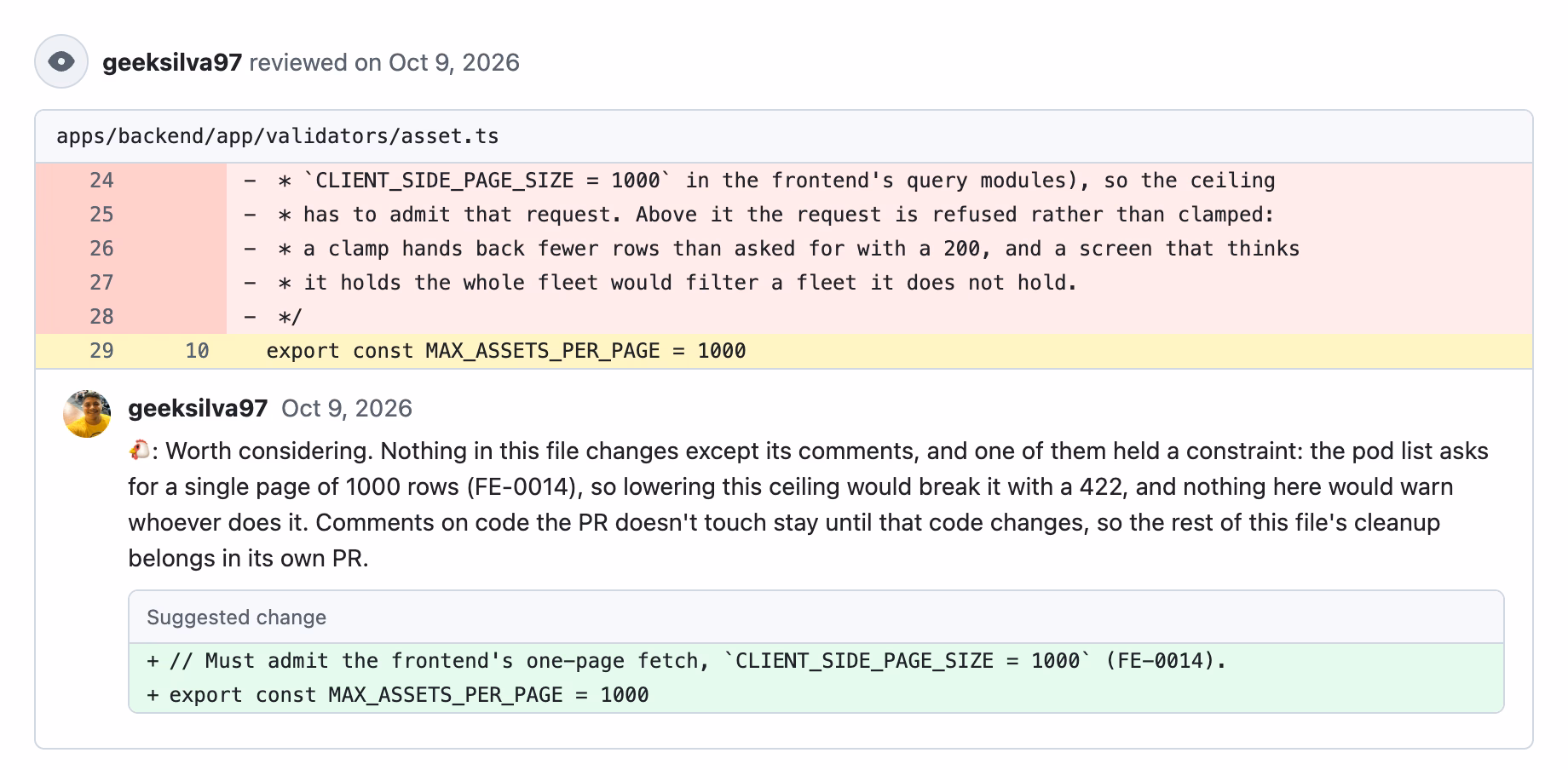 Chicken Little asking to keep a comment that held the FE-0014 page-size constraint